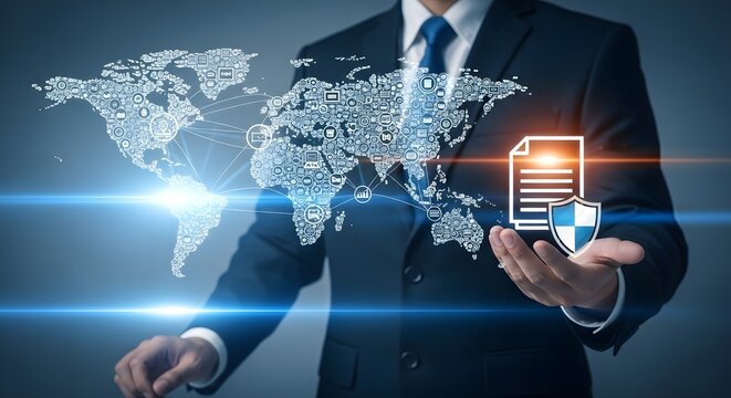 Businessman holding digital document icon with shield and glowing world map overlay representing global data security and international compliance concept - Powered by Adobe