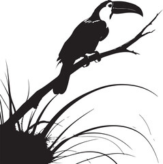 Naklejka premium Black silhouette toucan perched on a branch with grass