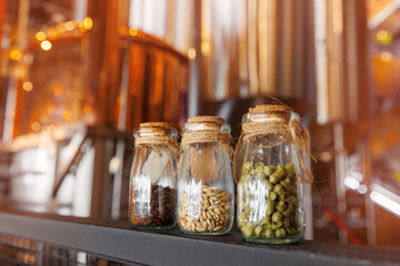 Brewery factory with grains and hops in jars amidst copper equipment for craft beer