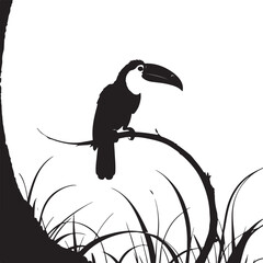 Naklejka premium Black silhouette toucan perched on a branch with grass