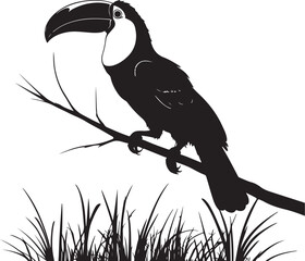 Naklejka premium Black silhouette toucan perched on branch above grass