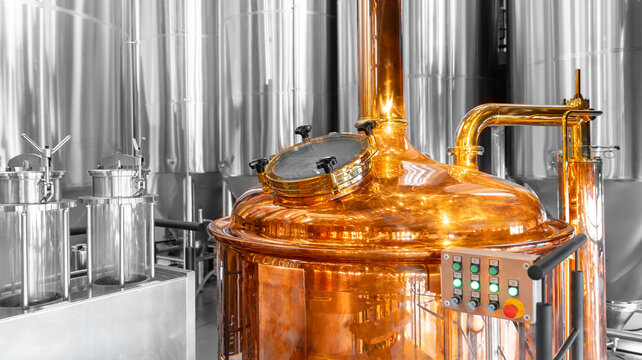 Gleaming copper equipment in modern brewery factory with stainless steel tanks - Powered by Adobe