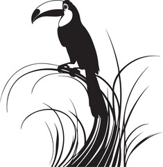 Obraz premium Black silhouette toucan perched on grass bird black and white