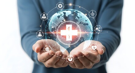 Businessman holding glowing digital globe with medical cross and healthcare icons representing global health network technology concept