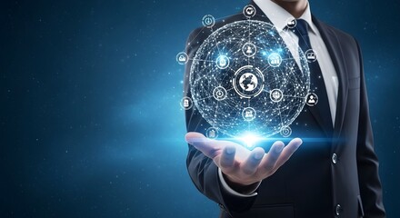 Businessman hand holding glowing digital sphere network globe with connection icon representing global business technology and communication concept