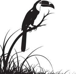 Naklejka premium Black silhouette toucan bird perched on a branch with grass