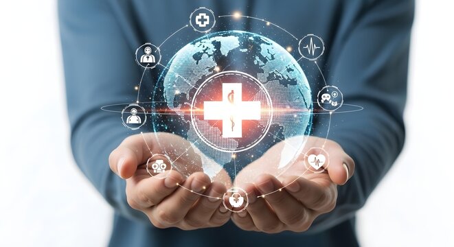 Businessman holding glowing digital globe with medical cross and healthcare icons representing global health network technology concept