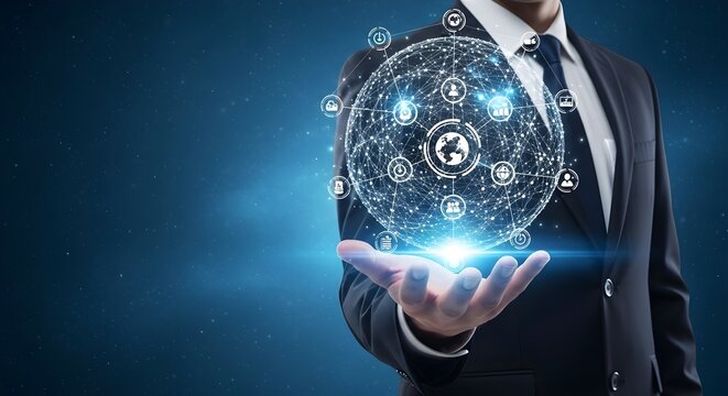 Businessman hand holding glowing digital sphere network globe with connection icon representing global business technology and communication concept