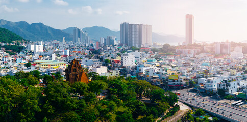 Aerial view Po nagar cham towers overlooking Nha Trang cityscape in Vietnam