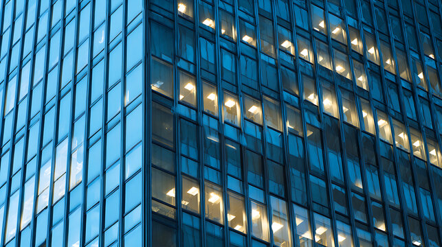 Modern skyscraper facade with illuminated windows architecture building
