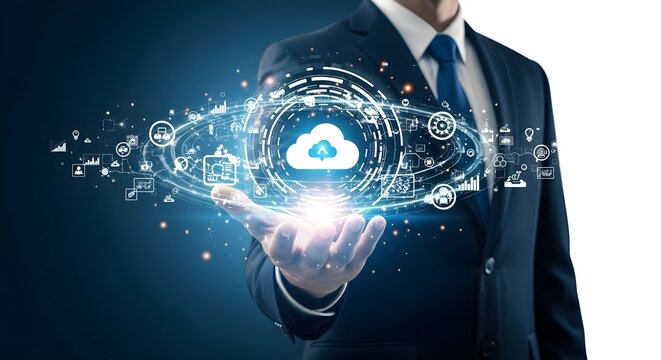 Businessman holding a glowing digital cloud computing interface with data icons in a futuristic technology concept