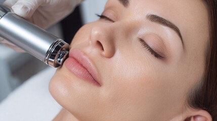 close up of laser device treating small dark spot on cheek smooth skin bright aesthetic room gentle light crisp clear beauty procedure scene