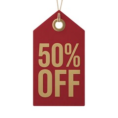 Red tag featuring a fifty percent off discount promotion offer for retail sales and marketing campaigns with string isolated on white background