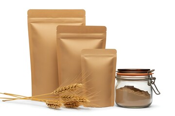 Kraft Paper Packaging Pouches and Glass Jar Displayed with Wheat Stalks Offering Sustainable Branding Options for Health Foods
