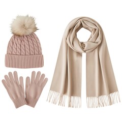 Elegant Winter Set Knitted Hat Scarf and Gloves Warm Fashion Accessories for Women Isolated on White Background