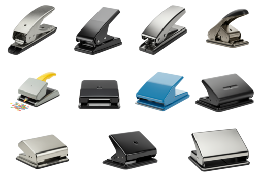 Hole punch collection for office; hole punch tools in metal and plastic, compact desktop sizes, crisp double holes, smooth lever action, hole punch models on black background, stationery gear for desk