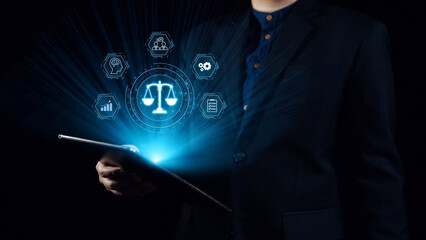 Futuristic digital law interface displaying justice scale, highlighting digital law, AI compliance, digital law systems, and digital law regulations for secure governance. Elide