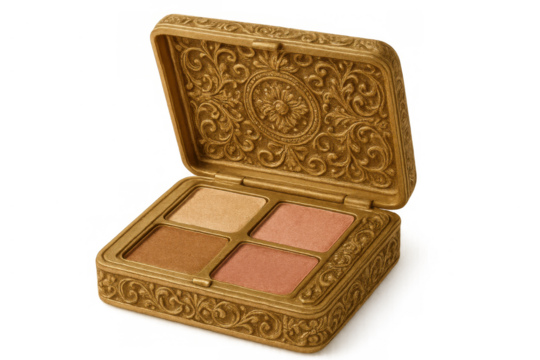 Vintage gold makeup palette holding several eyeshadow and blush shades, displaying luxury cosmetics on transparent background