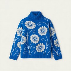 Stylish Blue Turtleneck Sweater with Floral Pattern Fashionable Knitwear for Women Comfortable and Trendy Winter Clothing Knitted Apparel