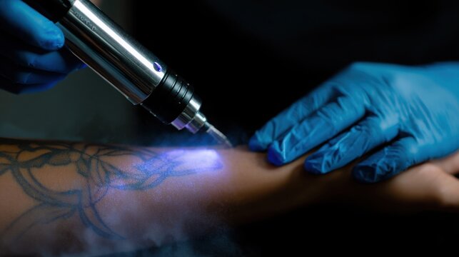 close up of technician using advanced laser device for tattoo removal on forearm soft smoke particles illuminated by laser professional clean - Powered by Adobe