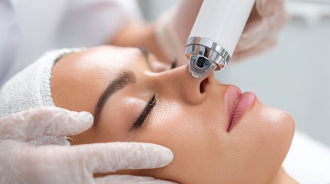 close up scene of a woman receiving a gentle laser facial treatment in a modern bright aesthetic clinic dermatologist using sleek laser device soft