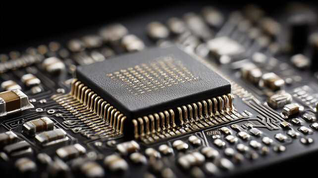 Central microcontroller mounted on circuit board showcasing precision electronic engineering for control systems, automation equipment and smart devices.
 - Powered by Adobe