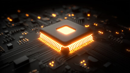 A powerful central processor illuminated among electronic circuits representing high performance computing and intensive data processing.