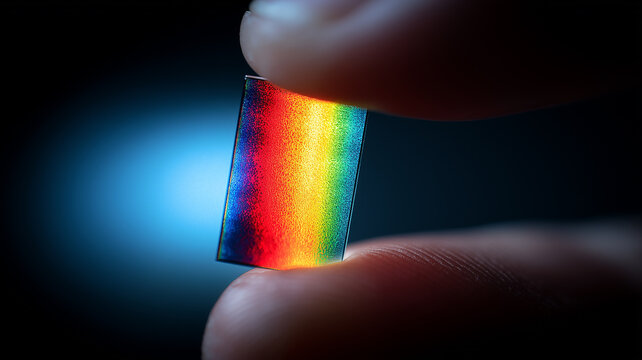 A miniature photonic chip held between fingers representing optical data processing and advanced spectrum analysis technology.
