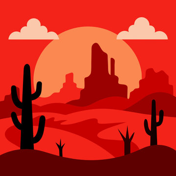 Vibrant red desert landscape with silhouetted saguaro cacti and mesas under a large sun and clouds