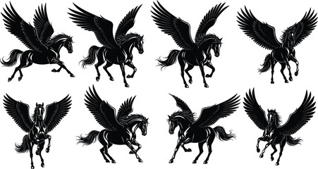 Set of dynamic black winged horse silhouettes featuring flying pegasus poses, isolated on white background for fantasy logo or tattoo design.