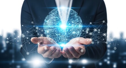 Business person holding glowing digital brain structure representing artificial intelligence and future technology concept over city background