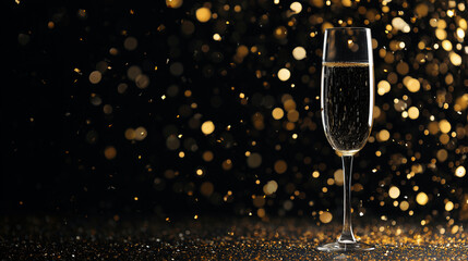 Minimalist New Year celebration with golden confetti and champagne glass silhouette. Elegant minimalist New Year concept with champagne glass silhouette, golden confetti. Greeting card, new years card