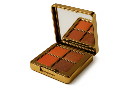 Eyeshadow palette displaying four warm shades for beauty and makeup application, with an open compact mirror