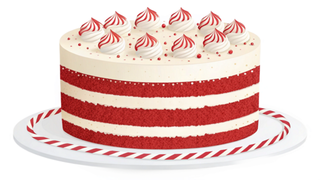 A red velvet cake with white frosting and red swirls on a white cake stand with red stripes