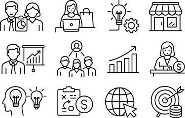 Business Teamwork & Global Strategy Line Icons
