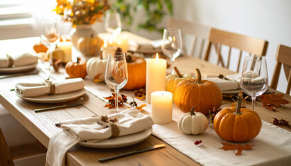 Festive autumn table setting with pumpkins and candles