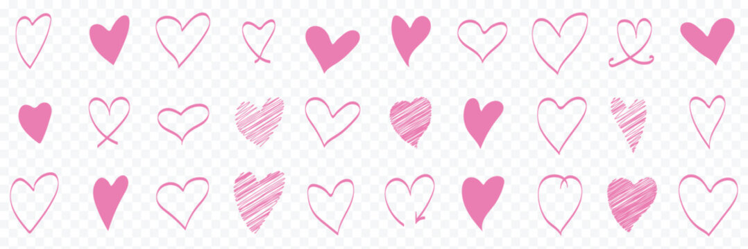 Hand drawn linear hearts set. Various brush, chalk, marker, ink drawn heart shapes. Artistic lines, outlines Valentine's day uneven, textured edge doodle templates.  wedding cards love symbols romance