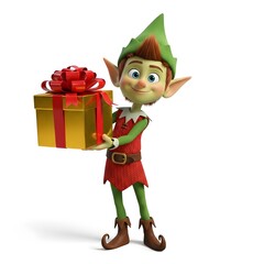 Cute elf holding gift box, with green outfit and hat. Playful Christmas helper for holiday stories, cards or festive illustrations.