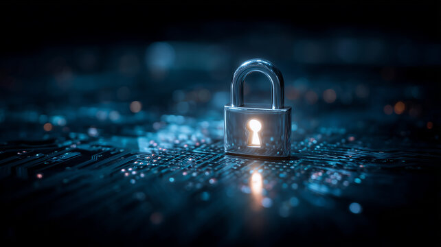 A secure metallic padlock glowing on a circuit board symbolizes cyber protection, encrypted systems and trusted digital access in modern technology.
