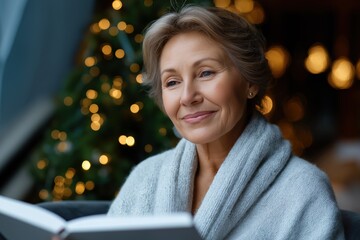 Mature caucasian woman reading by window with festive holiday lights