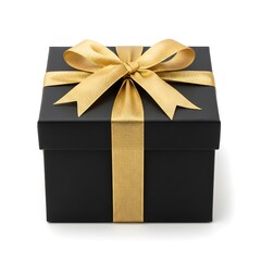 Elegant black gift box with golden bow, isolated. Luxurious Christmas present for holiday gifting, festive packaging or seasonal surprises.