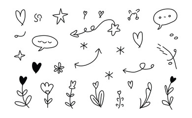 Cute hand drawn doodle arrows hearts and floral elements