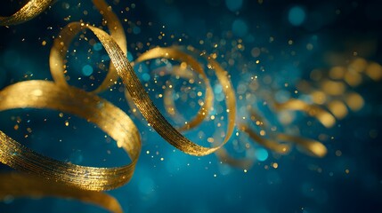 Elegant golden ribbon swirls with sparkling bokeh lights a festive decoration for holiday celebrations and special occasions on a blue background