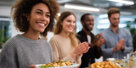Diverse group enjoying meal together in modern setting