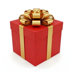 Red gift box with golden bow, isolated on white. Classic Christmas present for holiday packaging, festive surprises or seasonal greeting images.