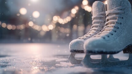 close up of snow dusted ice skates on a frosty rink, sparkling ice, evoking winter activities and outdoor fun, soft natural lighting, cinematic depth