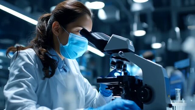 Female Scientist Working in Laboratory with Microscope and Medical Equipment.