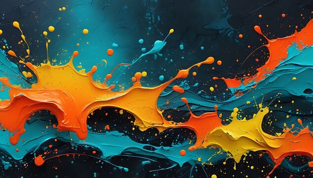 Dynamic vibrant paint splash grainy  background with orange, yellow, and blue liquid creating an energetic, textured artistic design element.