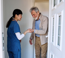 Doctor or nurse caregiver woman with senior man at home or nursing home, a caregiver standing on...
