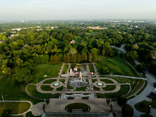 Sunrise aerial of the gardens and conservatory at Garfield Park - Indianapolis, Indiana